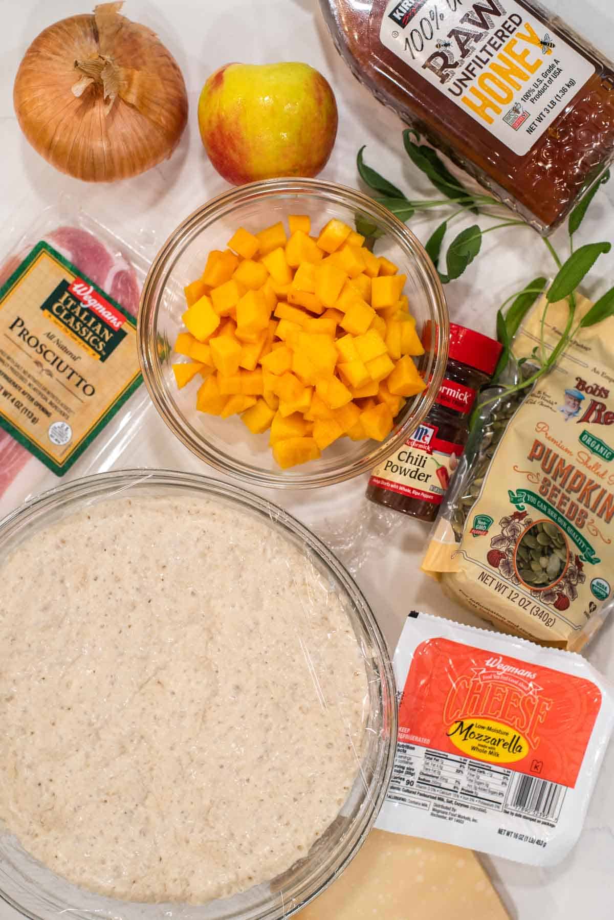 overhead shot of ingredients for butternut squash pizza