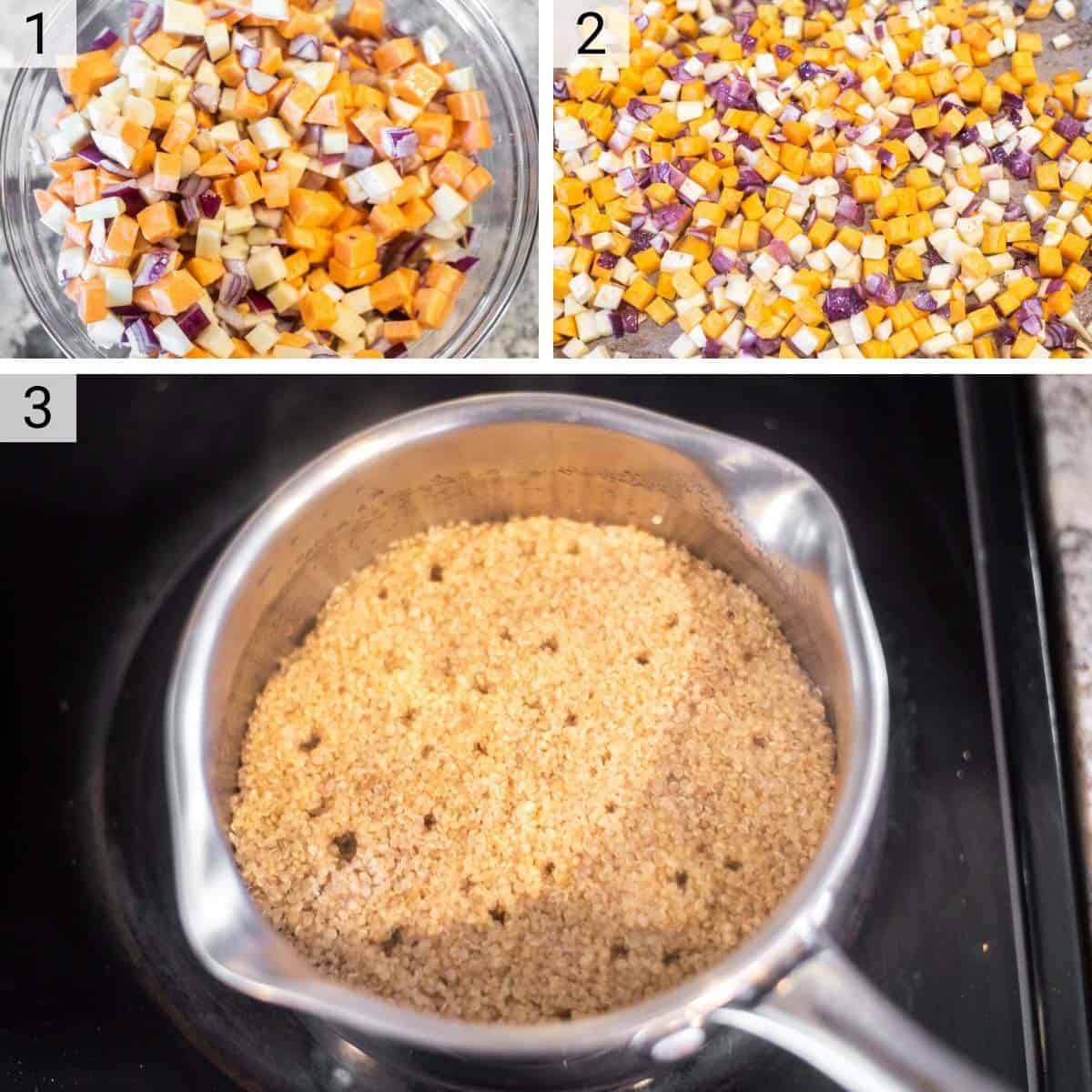 process shots of roasting vegetables and cooking quinoa