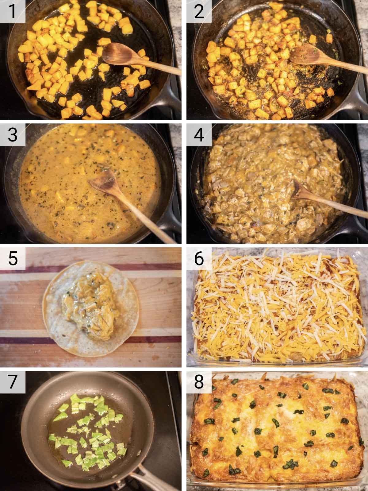 process shots of how to make turkey enchiladas