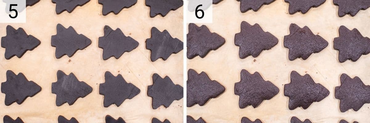 process shots of placing cut sugar cookies on baking sheet and baking