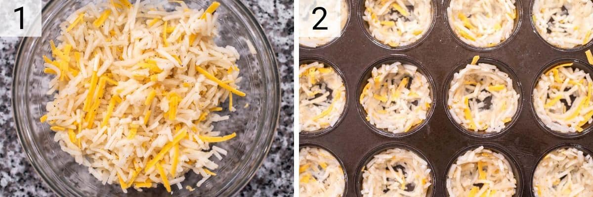process shots of mixing hash browns and cheese before creating next in pan