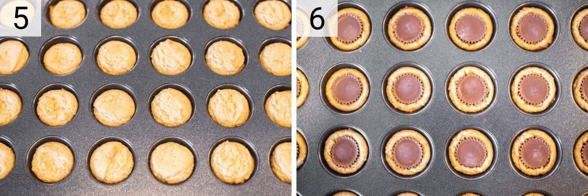 process shots of baking cookies before inserting peanut butter cups in middle