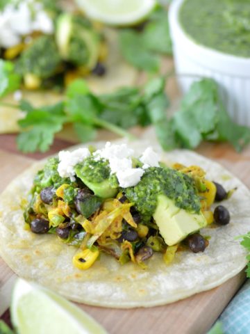 close-up of brussels sprouts tacos on cutting board