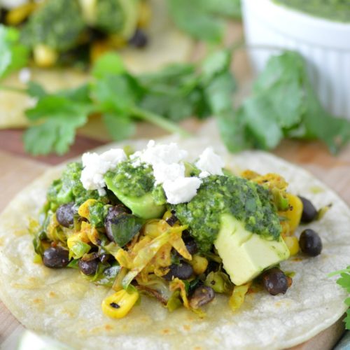 close-up of brussels sprouts tacos on cutting board