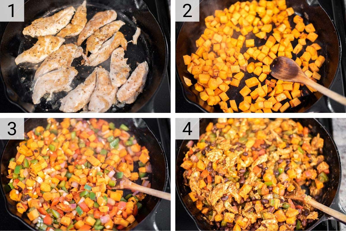 process shots of how to make chicken sweet potato skillet