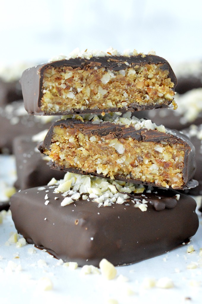 chocolate hazelnut bars cut and stacked on top of each other