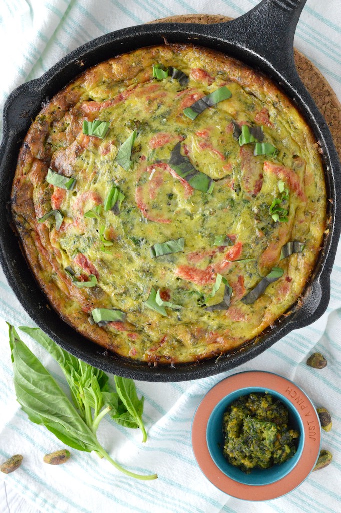 overhead shot of kale frittata in cast iron skillet