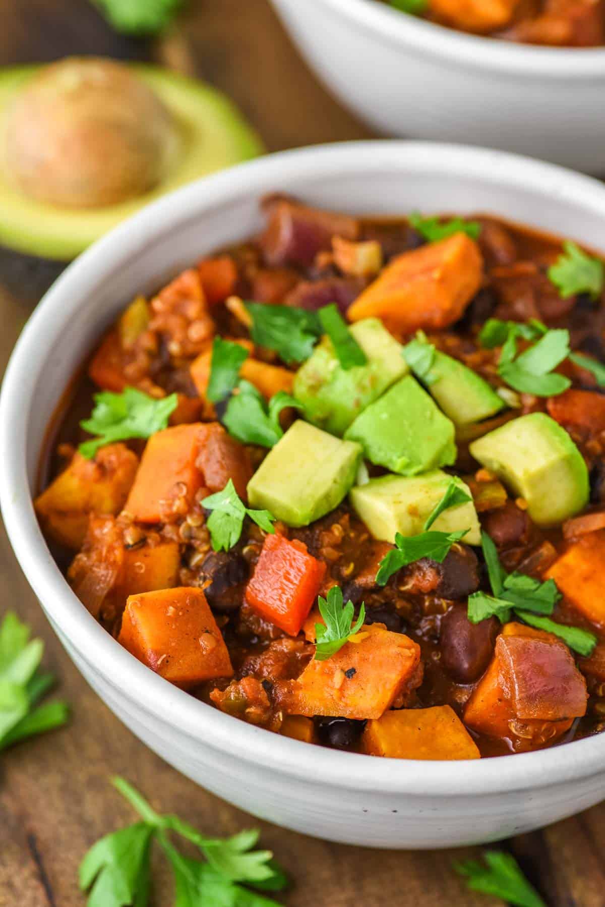 sweet potato chili in speckled bowl
