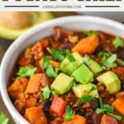 sweet potato chili in speckled bowl