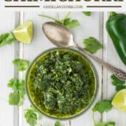 overhead shot of cilantro chimichurri in glass bowl with spoon