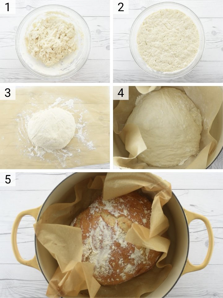 process shots of how to make no-knead dutch oven bread