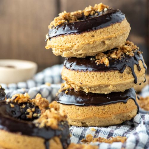 stacked almond butter donuts with mocha almond streusel
