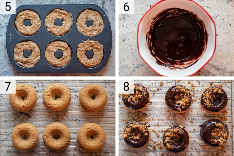 process shots of how to make almond butter donuts with mocha glaze and almond streusel