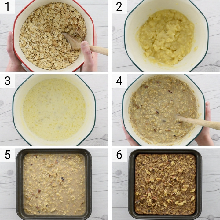process shots of how to make banana baked oatmeal