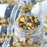 close-up of chewy chocolate chip granola in jar