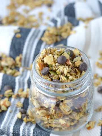 close-up of chewy chocolate chip granola in jar