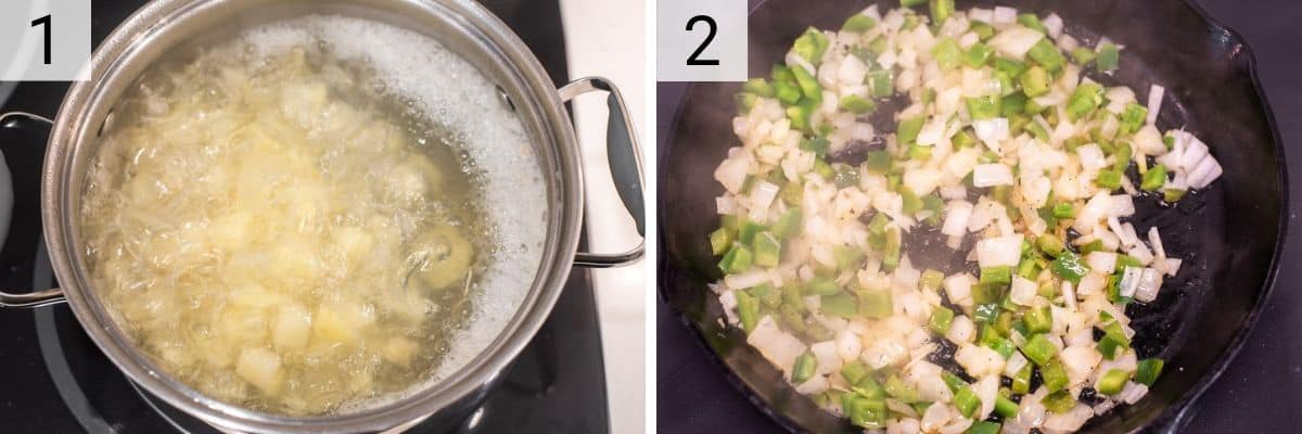 process shots of boiling potatoes and cooking veggies in skillet