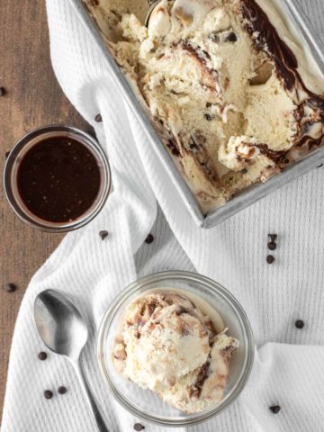 overhead shot of malted cookie dough ice cream in glass bowl and loaf pan