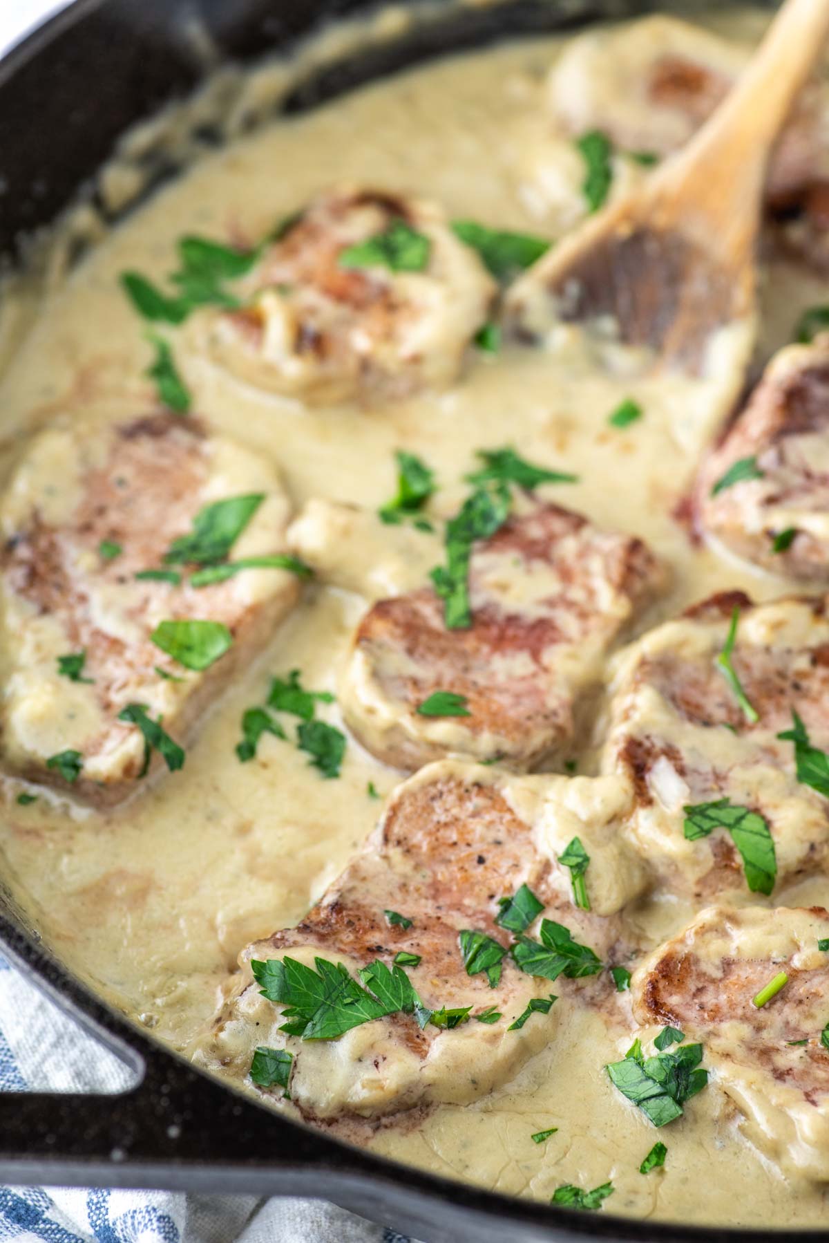 pork with blue cheese sauce in cast iron skillet