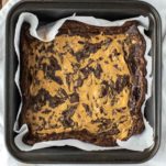 overhead shot of vegan gluten-free peanut butter swirl brownies in square pan
