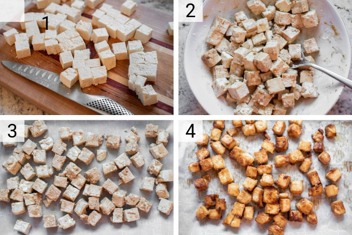 process shots of how to make crispy baked tofu