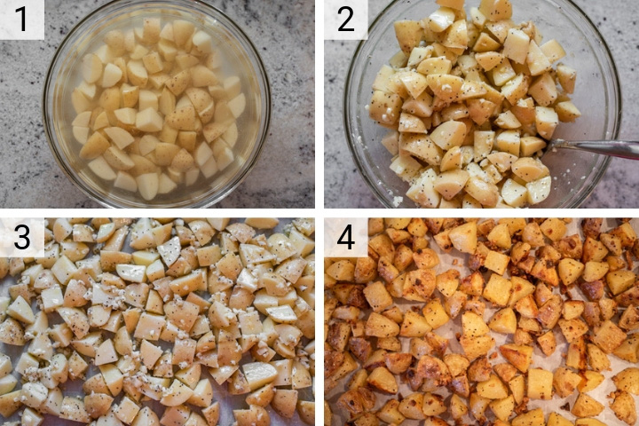 process shots of how to make crispy roasted potatoes