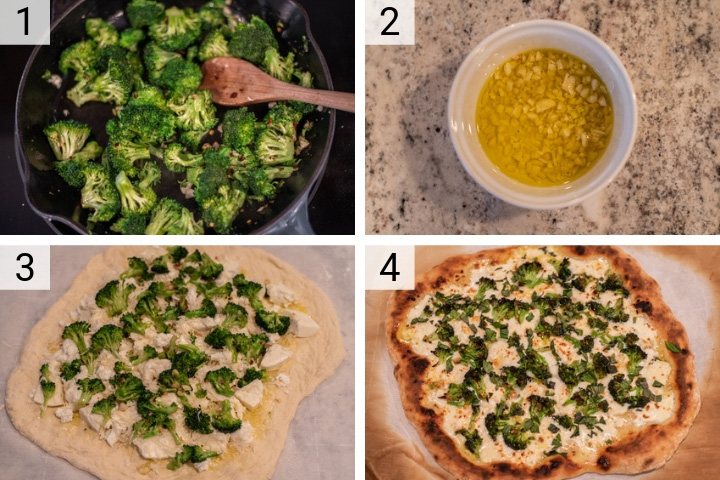 process shots of four cheese white broccoli pizza being made