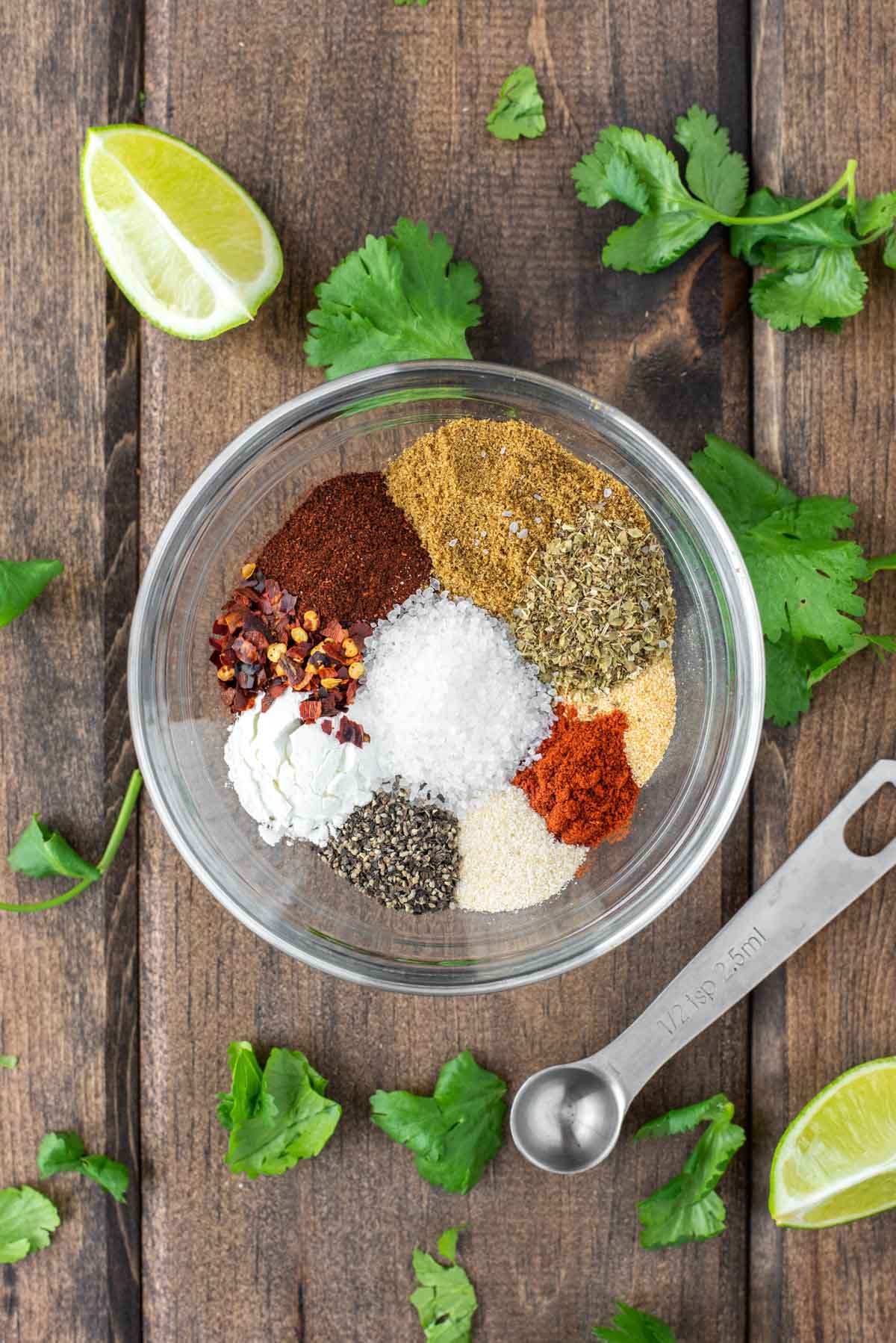 overhead shot of spices in glass bowl