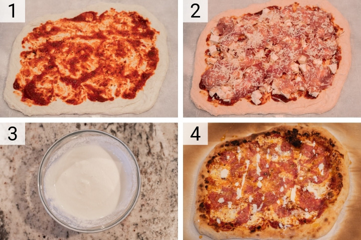 process shots of how to make honey-drizzled salami pizza