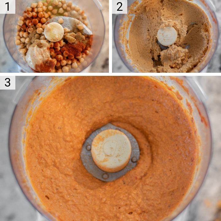 process shots of how to make roasted red pepper hummus