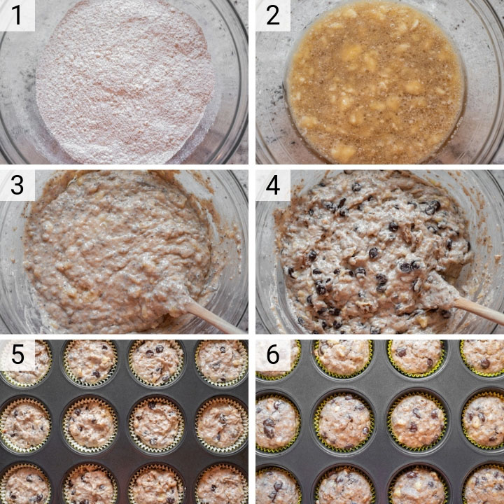 process shots of how to make vegan banana chocolate chip muffins