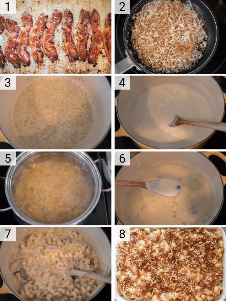 process shots of how to make smoked gouda bacon mac and cheese