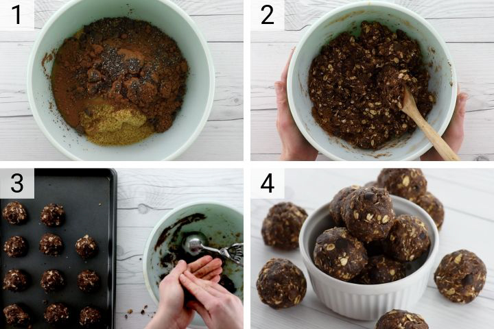 process shots of how to make chocolate peanut butter protein balls