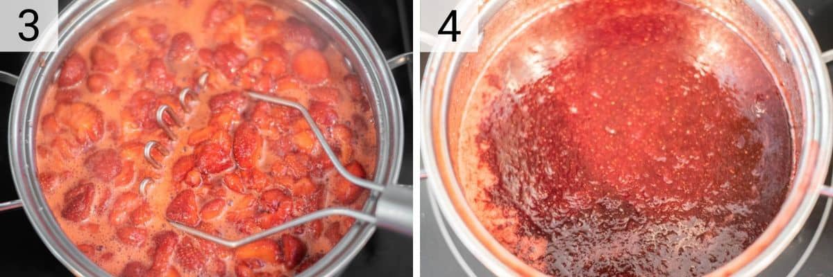 process shots of mashing strawberries and boiling