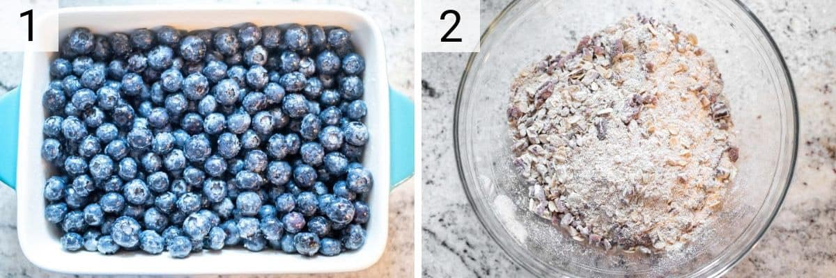 process shots of adding blueberries to pan and making crisp mixture in bowl