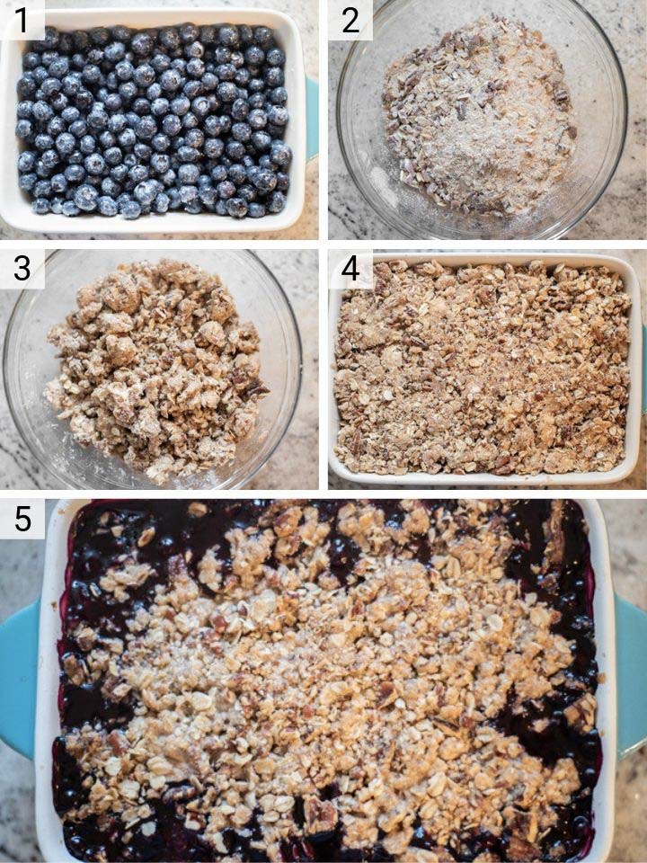 process shots of how to make blueberry crisp