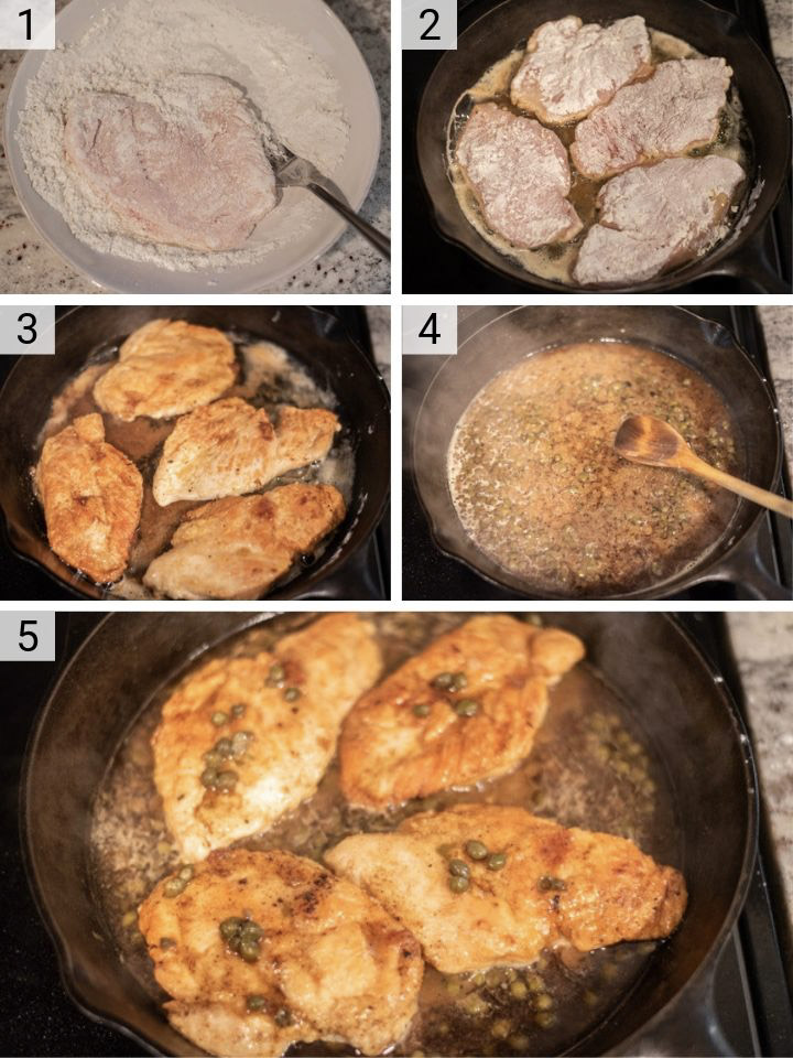 process shots of how to make chicken piccata