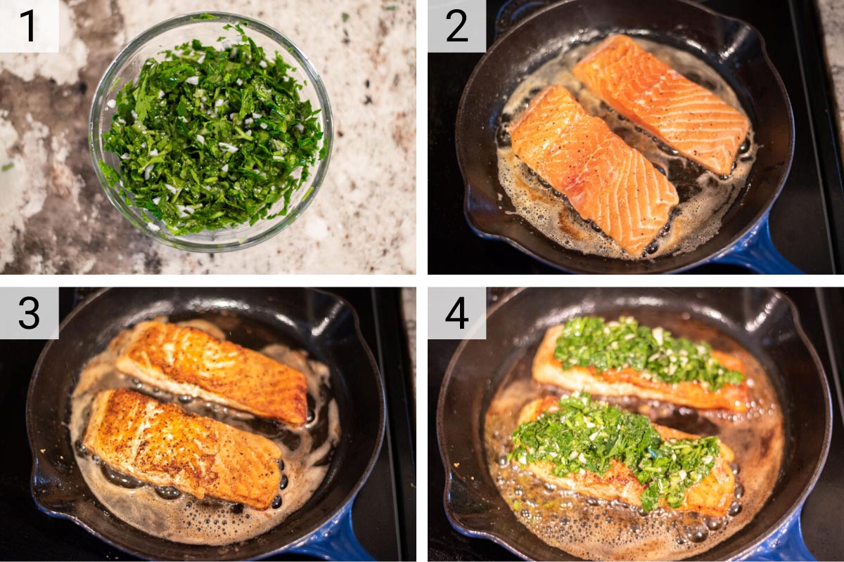 process shots of how to make chimichurri salmon
