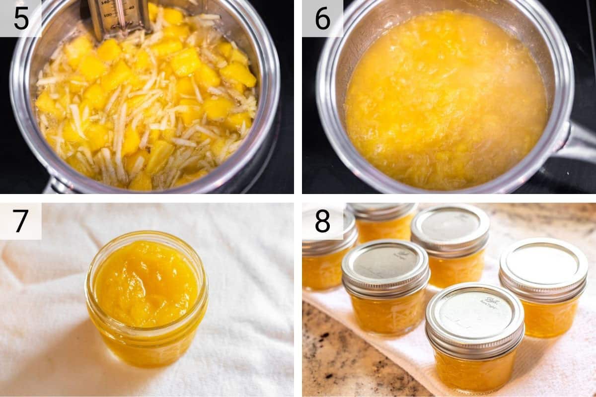 process shots of cooking down mango jam before transferring to jars