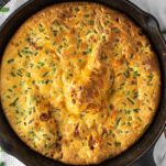 overhead shot of savory Dutch baby in skillet