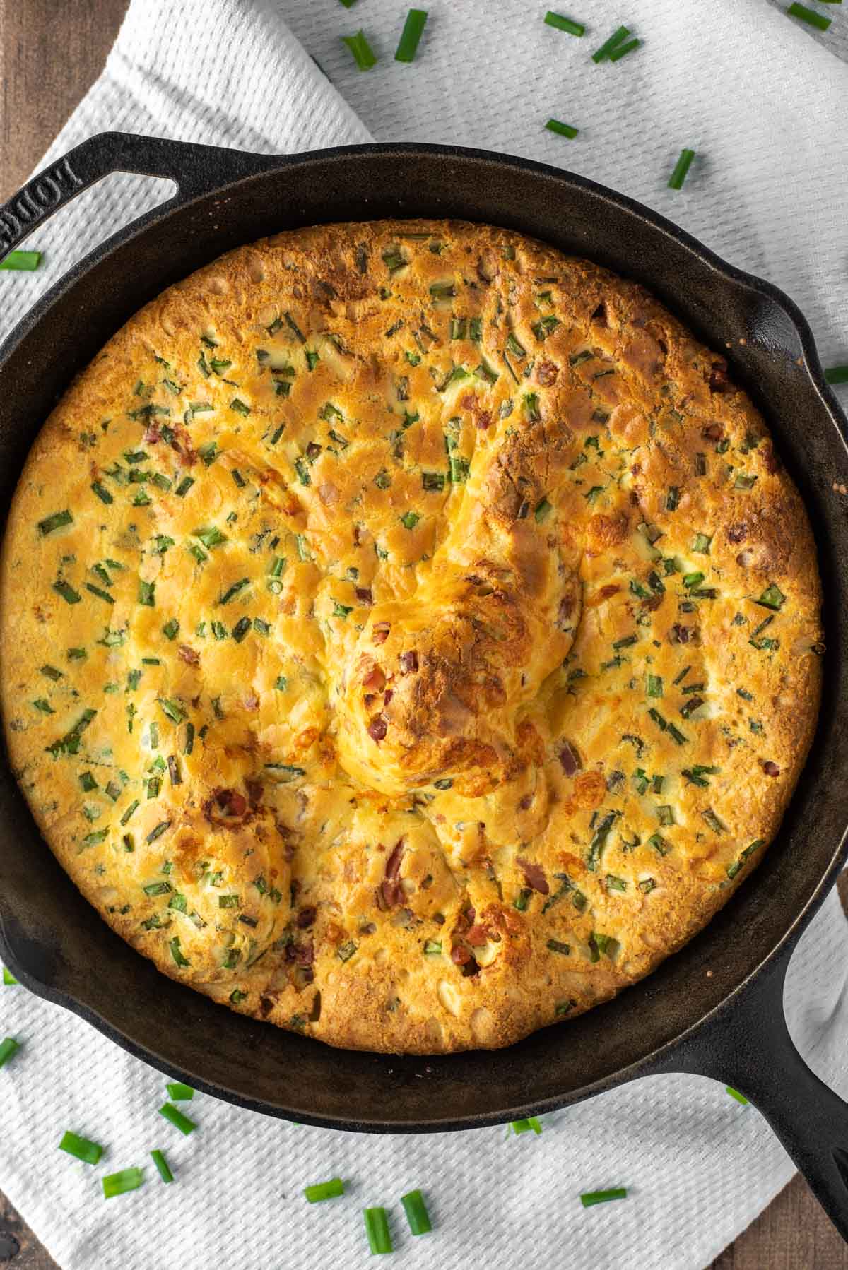 overhead shot of savory Dutch baby in skillet