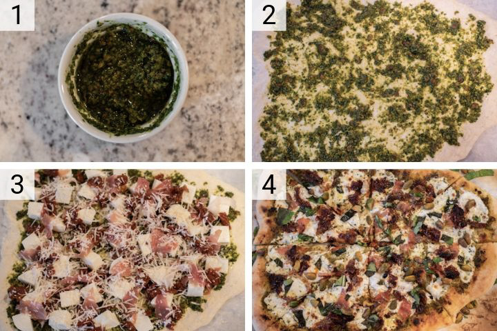 process shots of how to make prosciutto pesto pizza