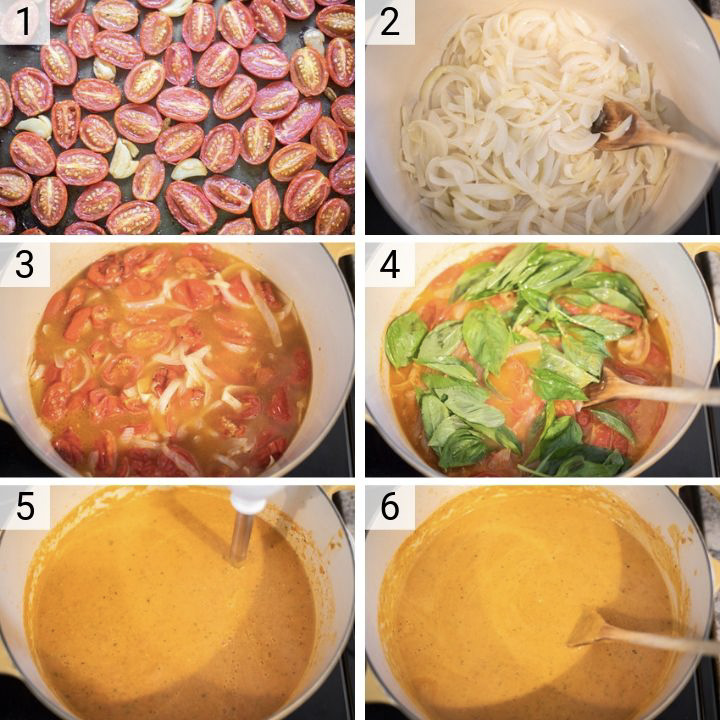 process shots of how to make roasted tomato basil soup