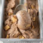 chocolate peanut butter ice cream being scooped out