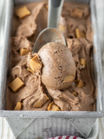 chocolate peanut butter ice cream being scooped out