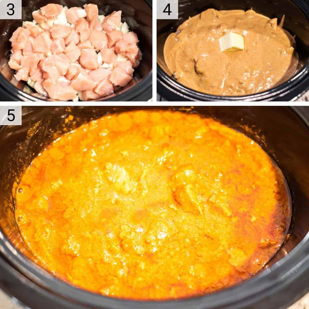 process shots of adding chicken and cooking in slow cooker with sauce