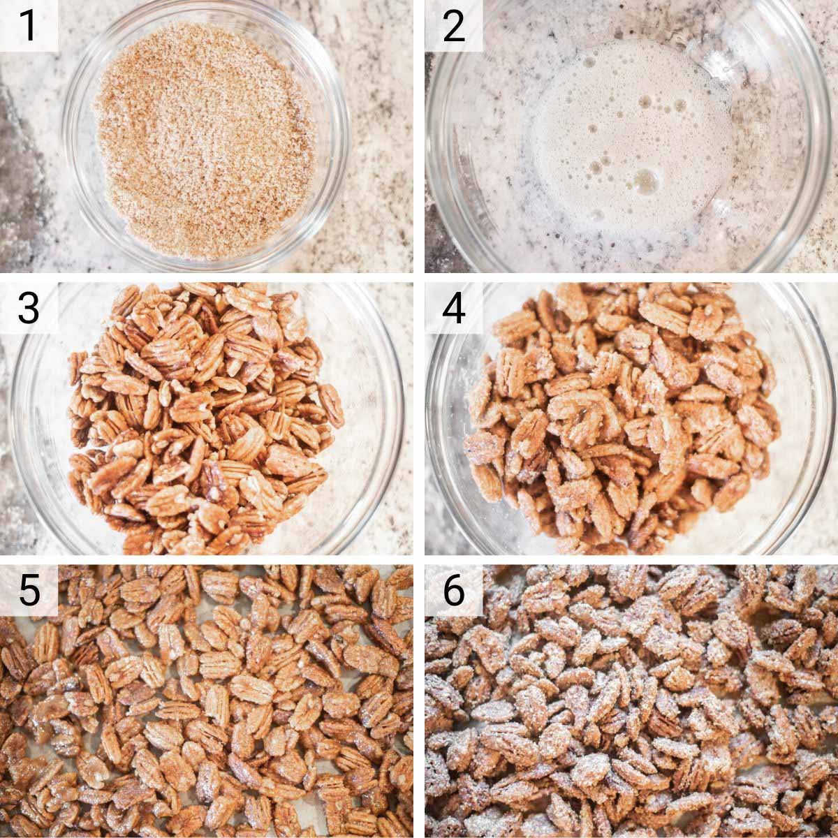 process shots of how to make candied pecans