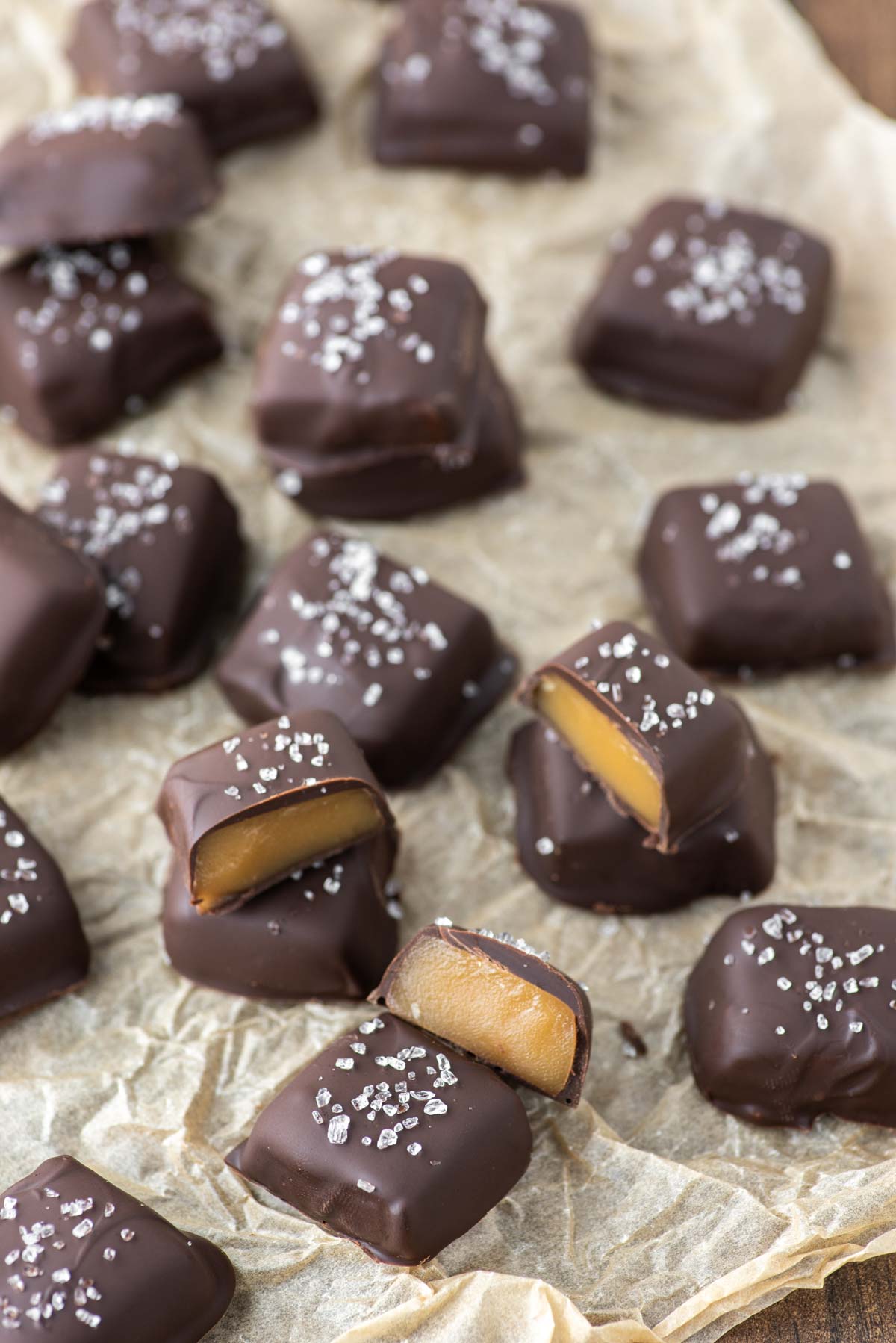 chocolate covered bourbon caramels on parchment paper