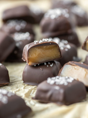 chocolate covered bourbon caramels sliced in half