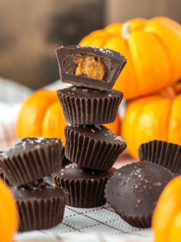 chocolate pumpkin cups stacked
